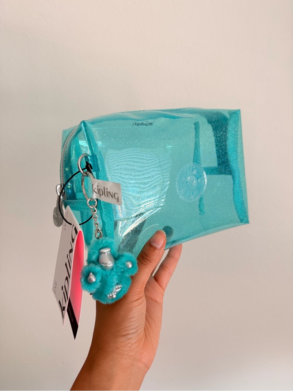 Kipling Teal Glitter Clear Cosmetic Pouch with Monkey Charm
